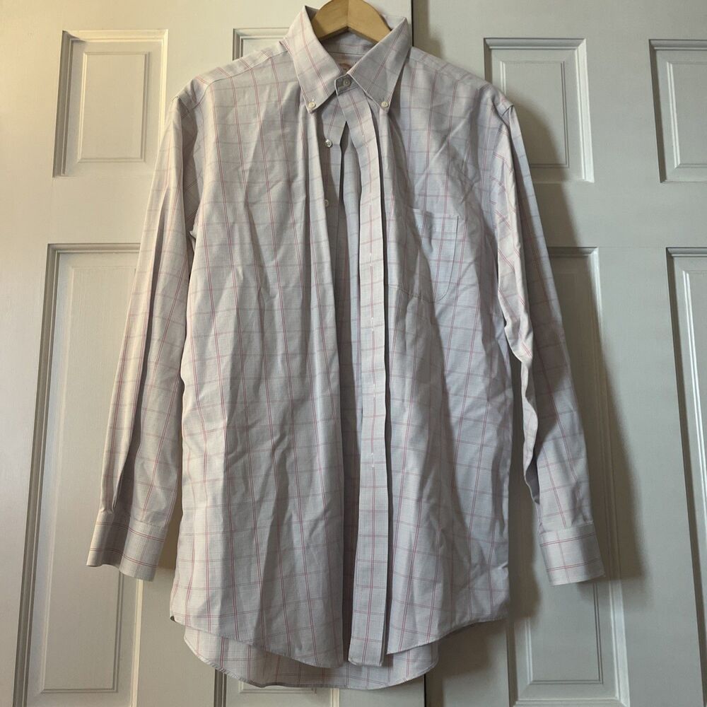 Brooks Brothers Dress Shirt 16 34 Regular Fit Non Iron Cotton Blue Pink Plaid